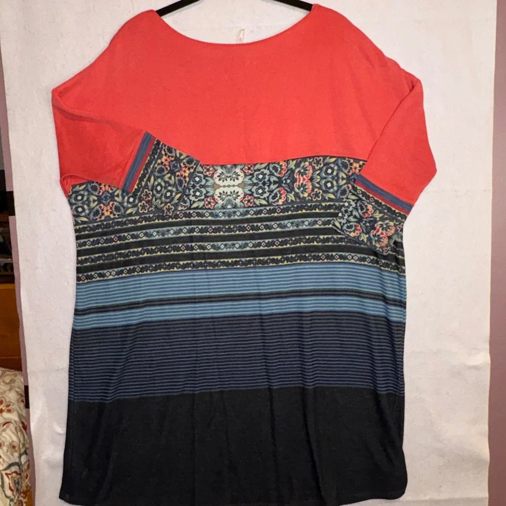 Free People Coral Boho Mixed Print Drop‎ Shoulder Tunic knit 3/4 sleeve dress M